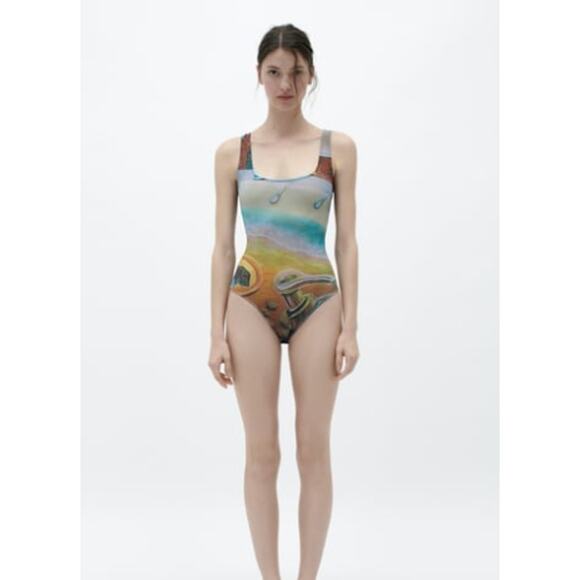 Zara Sleeveless Semi-Sheer Tulle Bodysuit Top with Artists Works Print Small - Picture 5 of 6
